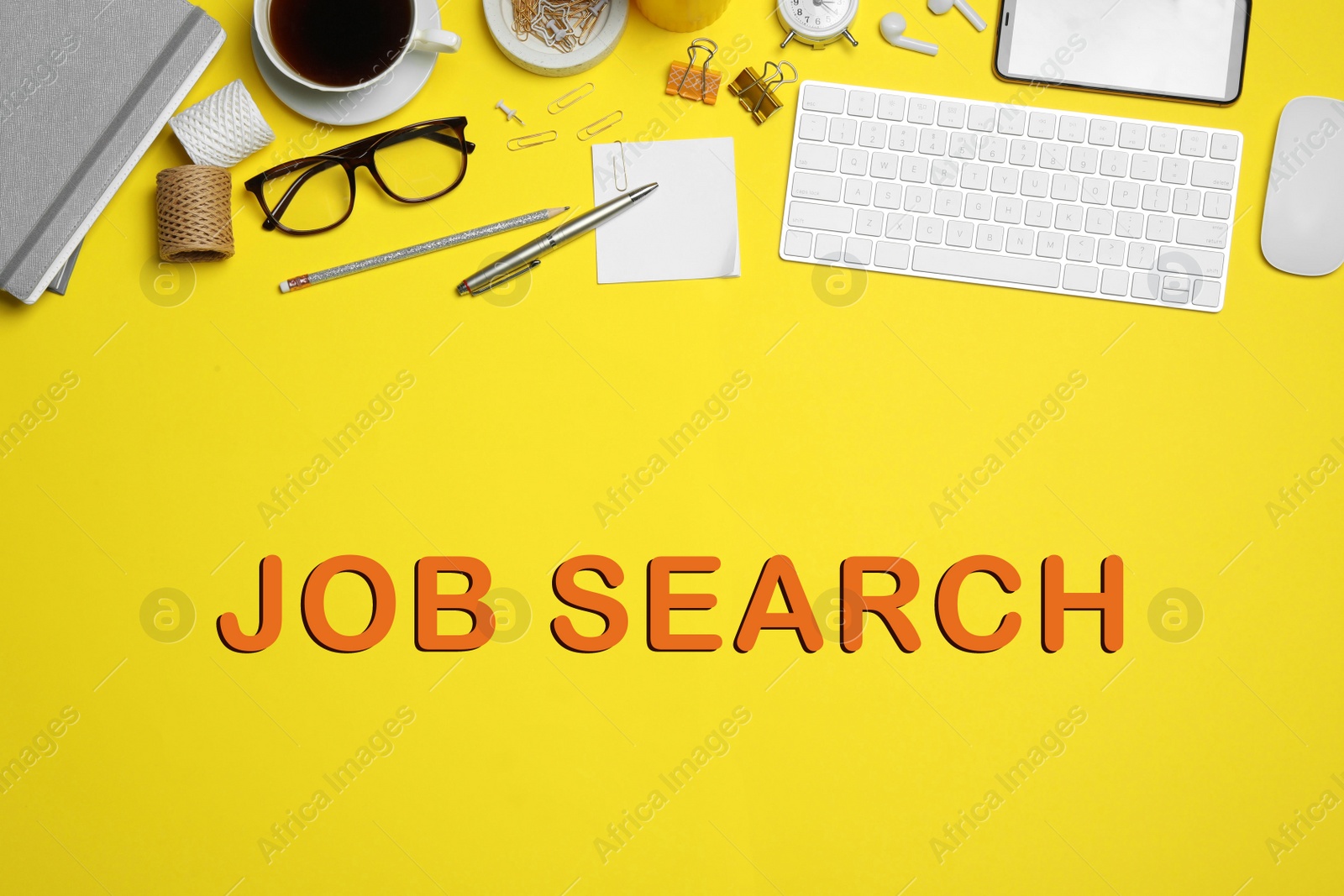 Image of Flat lay composition with computer accessories and different office items on yellow background. Job search