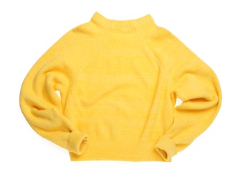 Yellow woolen sweater isolated on white, top view