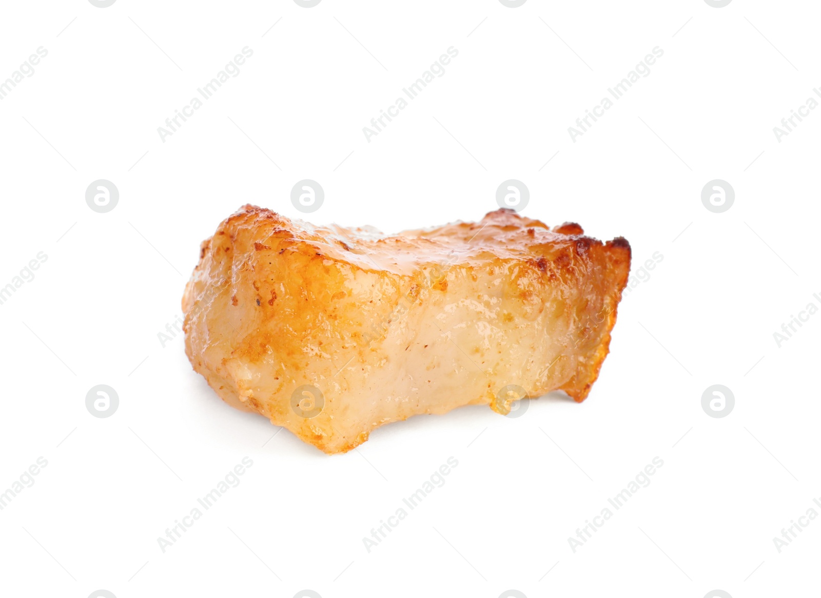 Photo of Tasty fried crackling isolated on white. Cooked pork lard