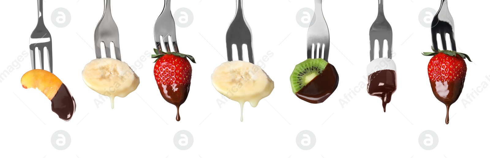 Image of Fondue forks with tasty fruits and marshmallow dipped into chocolate on white background, collage. Banner design