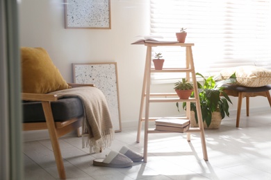 Photo of Decorative ladder with beautiful houseplants in stylish living room. Idea for interior design