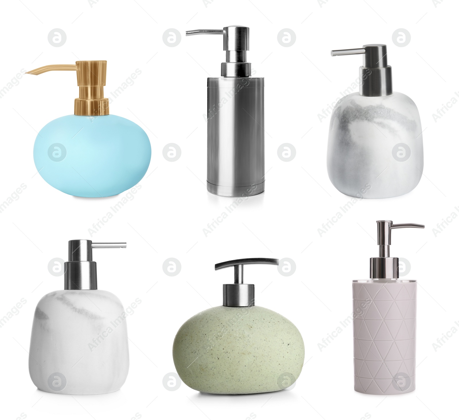 Image of Set with stylish dispensers of liquid soap on white background