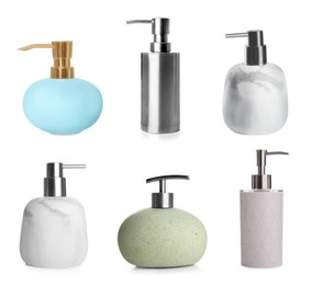 Image of Set with stylish dispensers of liquid soap on white background