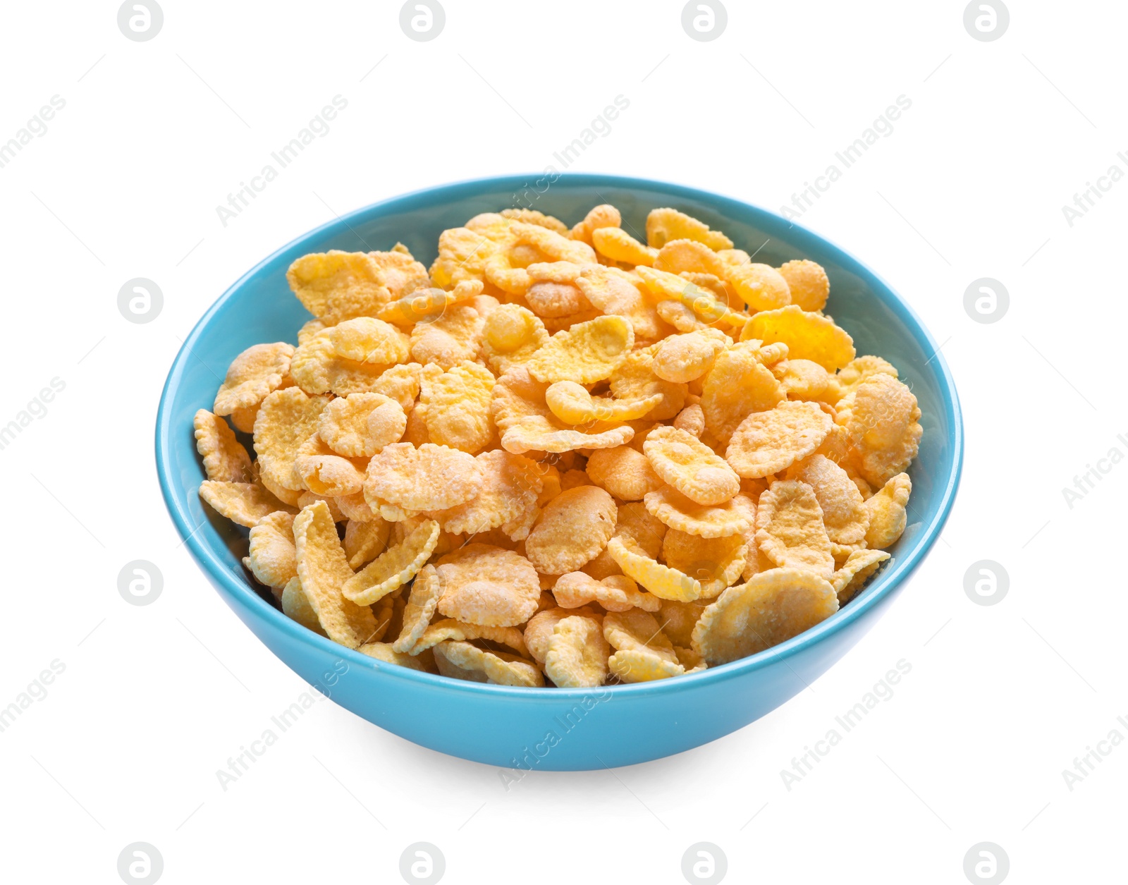 Photo of Bowl of tasty crispy corn flakes isolated on white