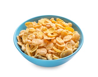 Photo of Bowl of tasty crispy corn flakes isolated on white