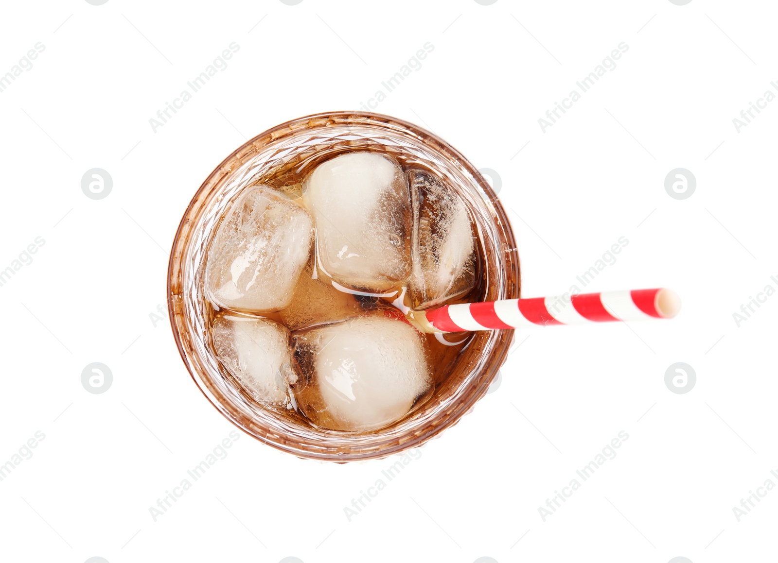 Photo of Glass of refreshing cola with ice cubes and straw on white background, top view