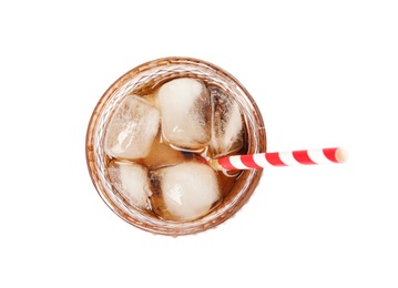 Glass of refreshing cola with ice cubes and straw on white background, top view