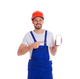 Photo of Professional repairman in uniform with phone on white background