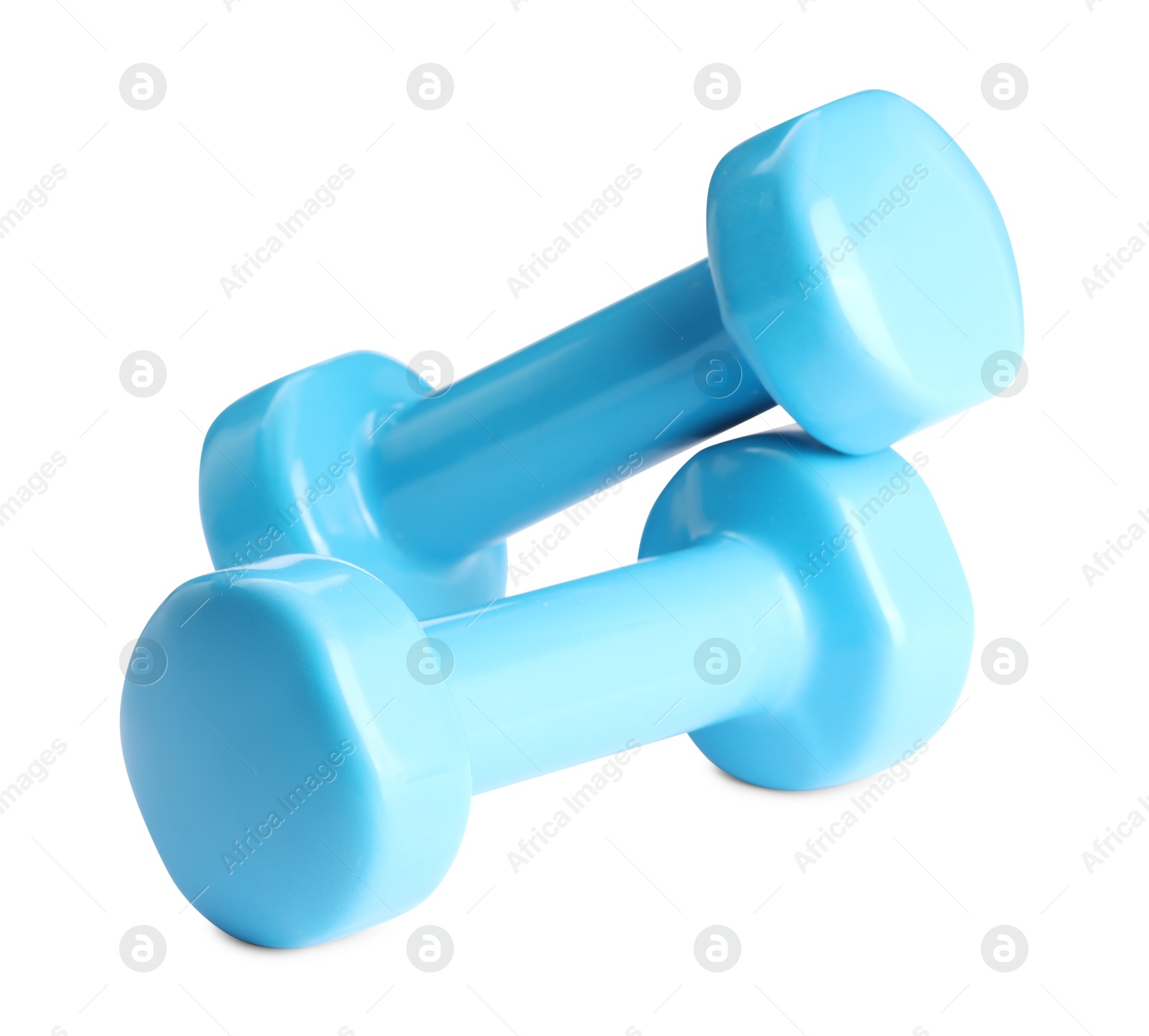 Photo of Light blue dumbbells isolated on white. Sports equipment