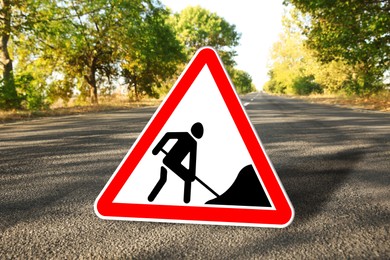 Image of Traffic sign Road Works on highway on sunny day