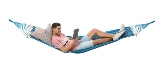 Photo of Man reading book in hammock on white background