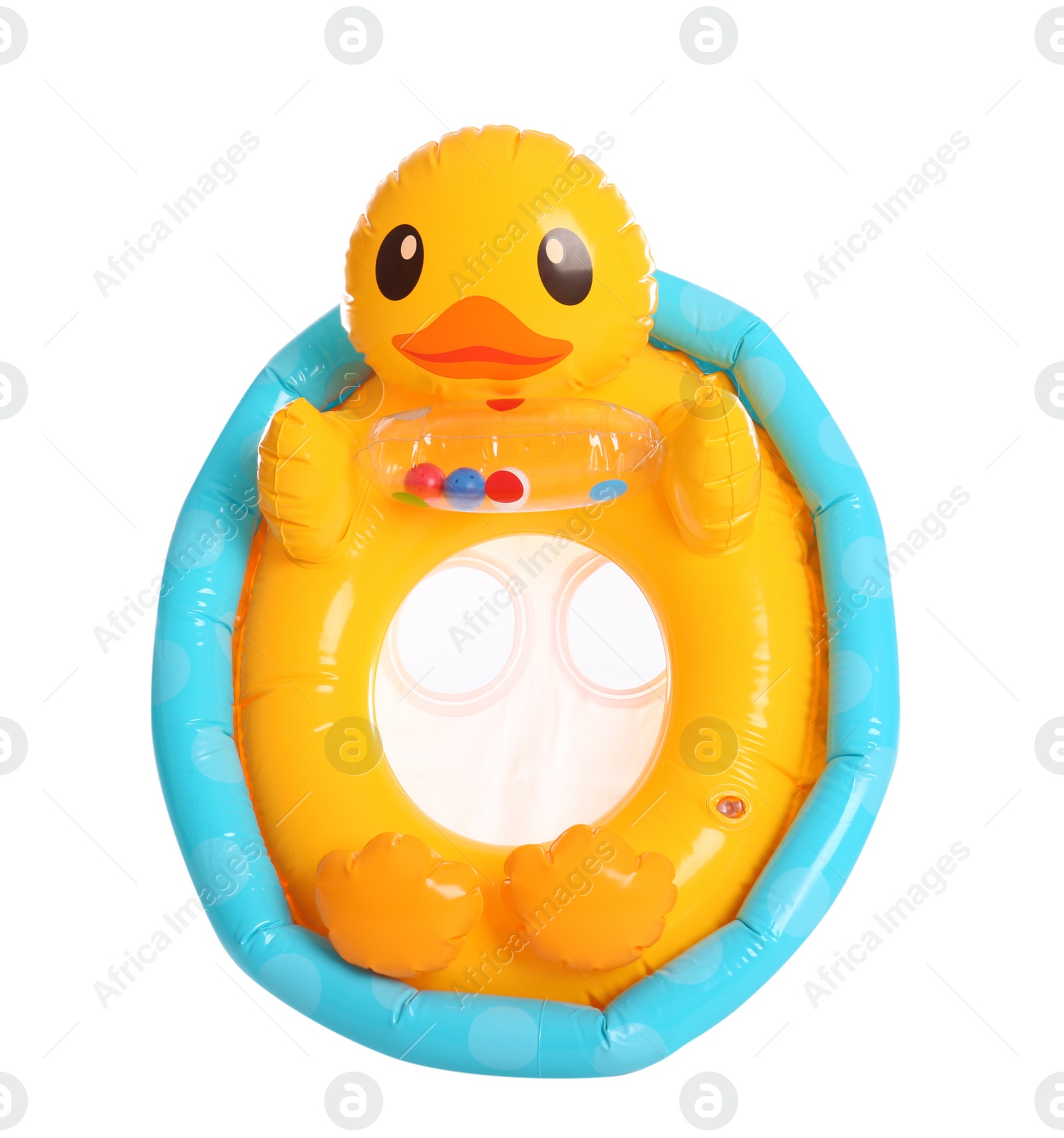 Photo of Duck float for kids isolated on white. Inflatable ring