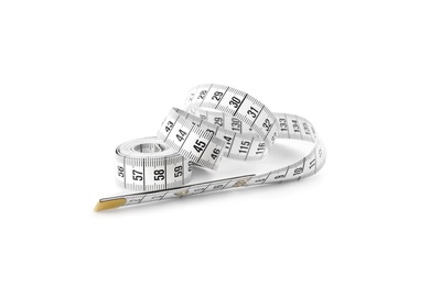 Photo of New measuring tape with scale isolated on white