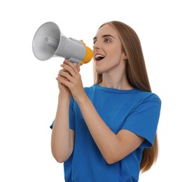 Photo of Special promotion. Young woman shouting in megaphone on white background