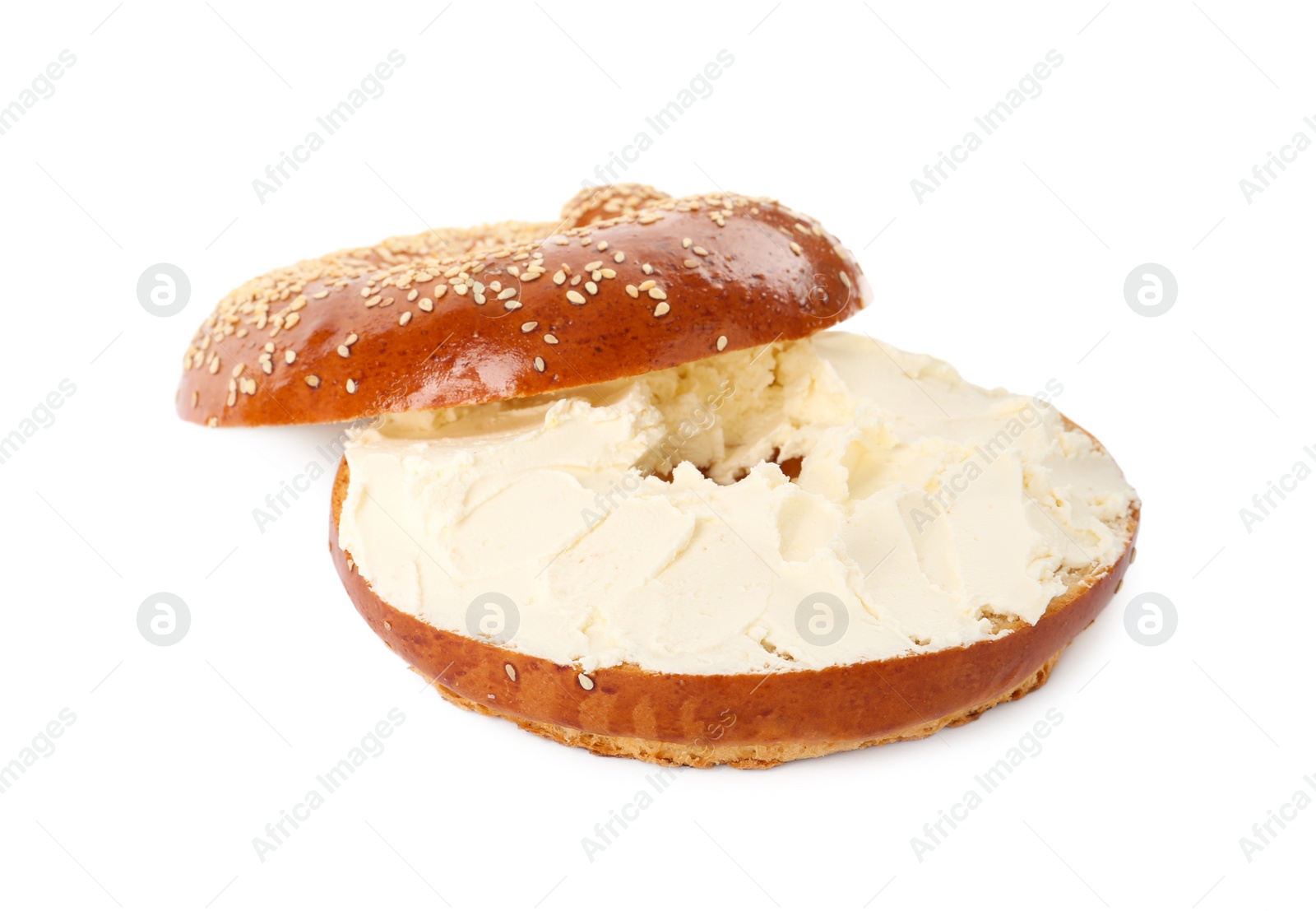 Photo of Delicious fresh bagel with cream cheese on white background