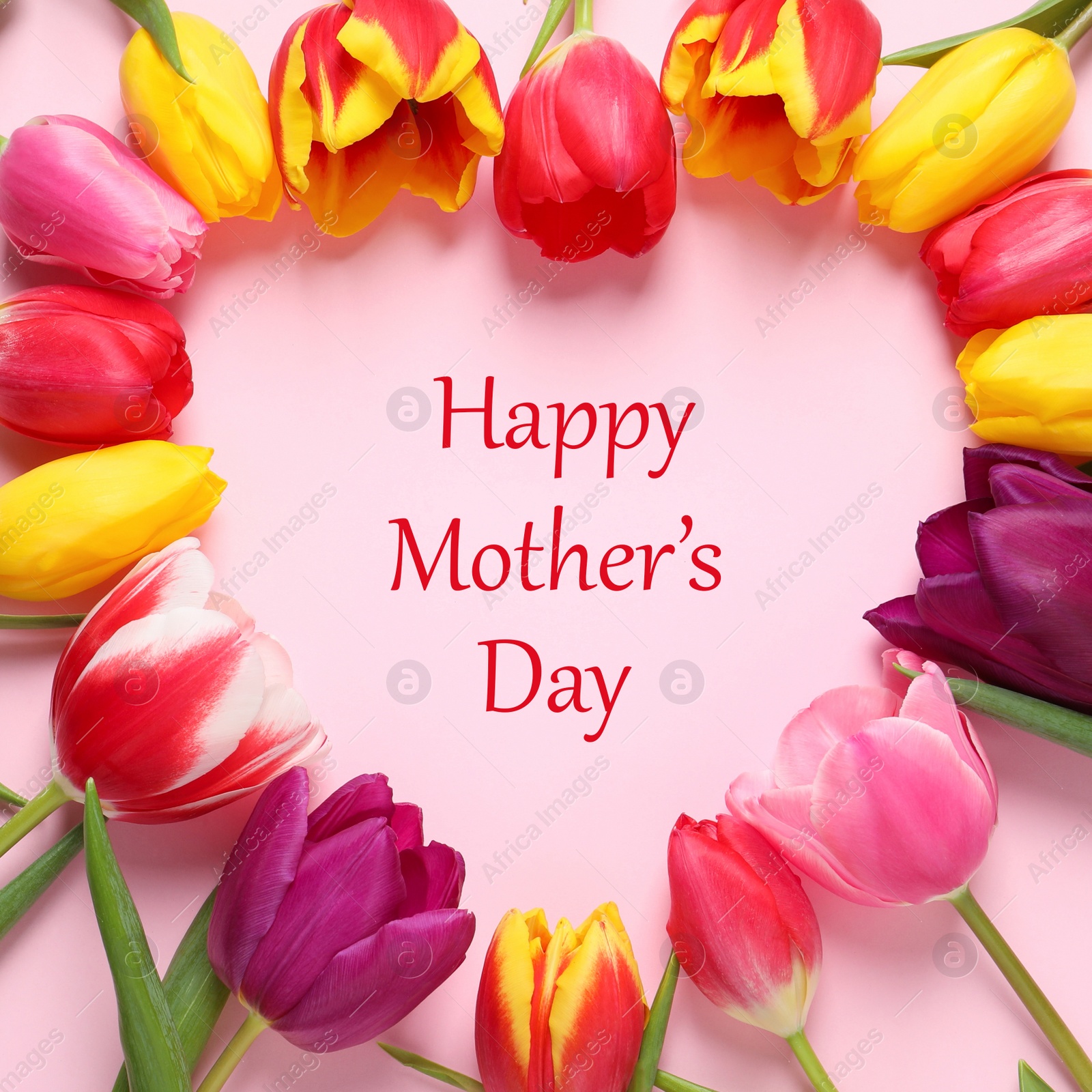 Image of Heart shaped frame made with tulips and phrase HAPPY MOTHER'S DAY on light pink background, flat lay