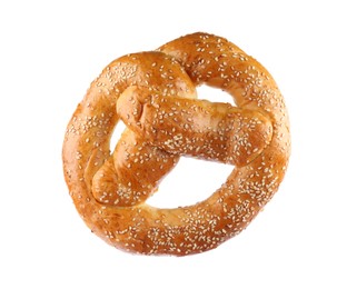 Photo of Tasty freshly baked pretzel isolated on white