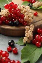 Different fresh ripe currants and green leaf on light grey table, closeup