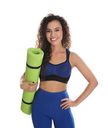 Beautiful African American woman with yoga mat on white background