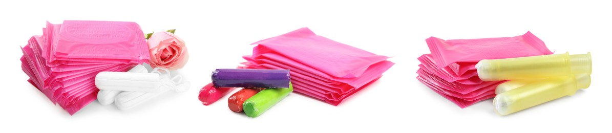 Pads and tampons on white background, collage. Banner design