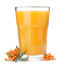 Delicious sea buckthorn juice and fresh berries isolated on white