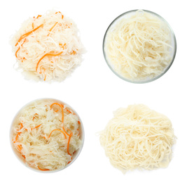 Image of Set of tasty fermented cabbage isolated on white, top view