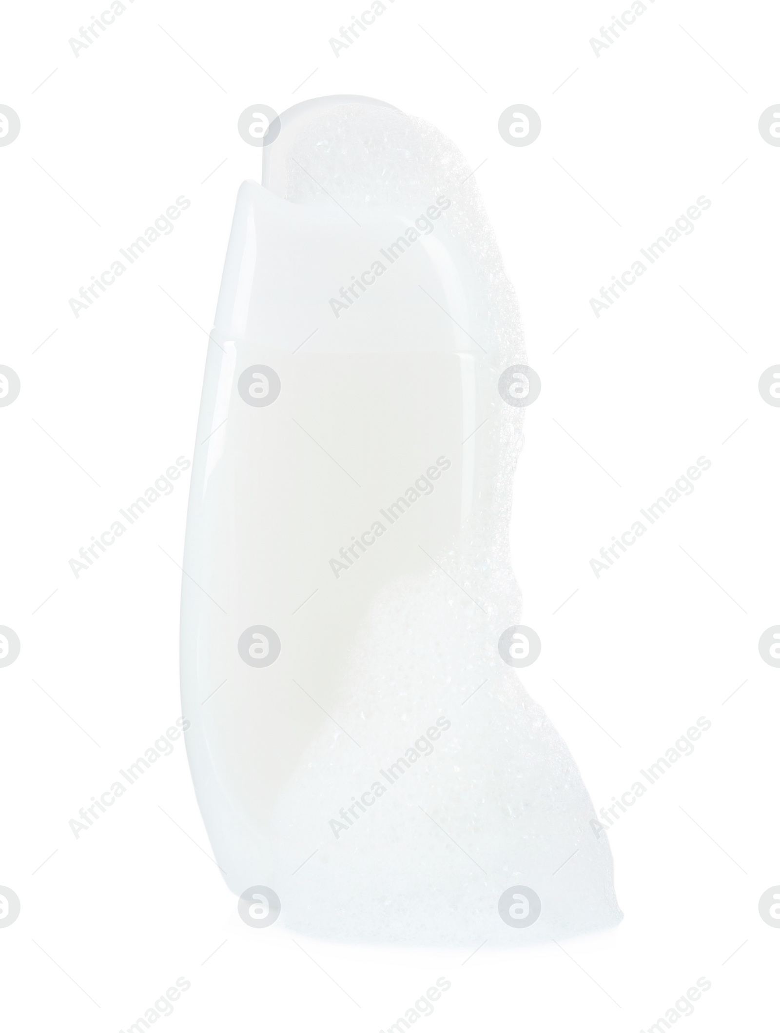 Photo of Bottle of bubble bath with foam isolated on white