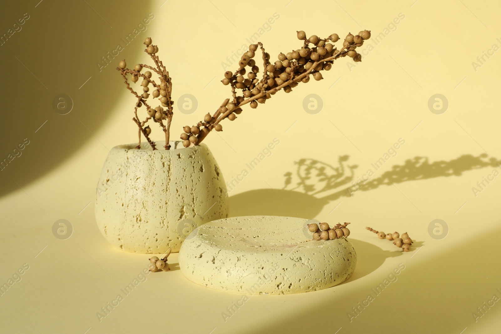 Photo of Presentation of product. Stone podium and vase with beautiful branches on yellow background