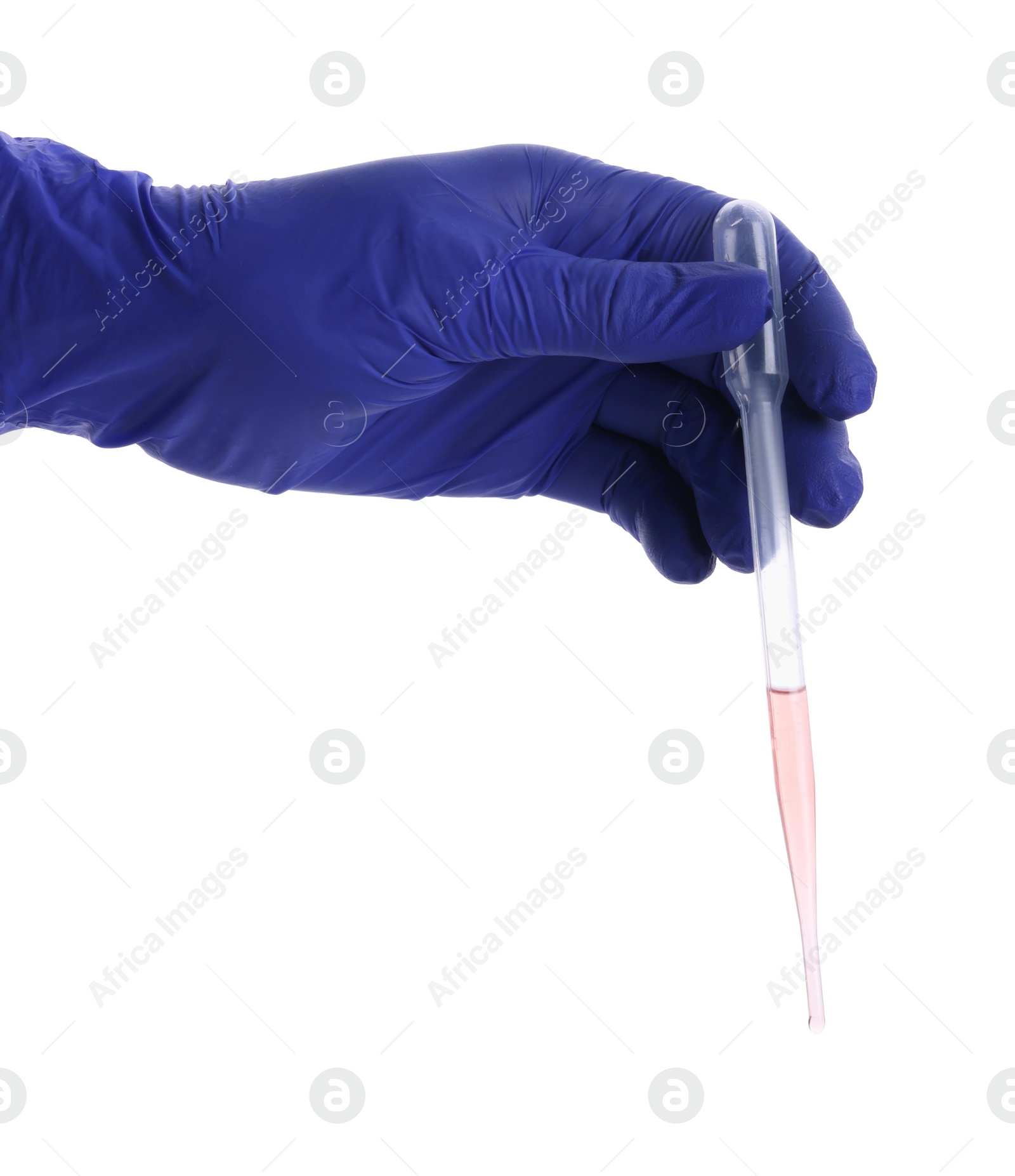 Photo of Scientist holding transfer pipette with liquid on white background, closeup