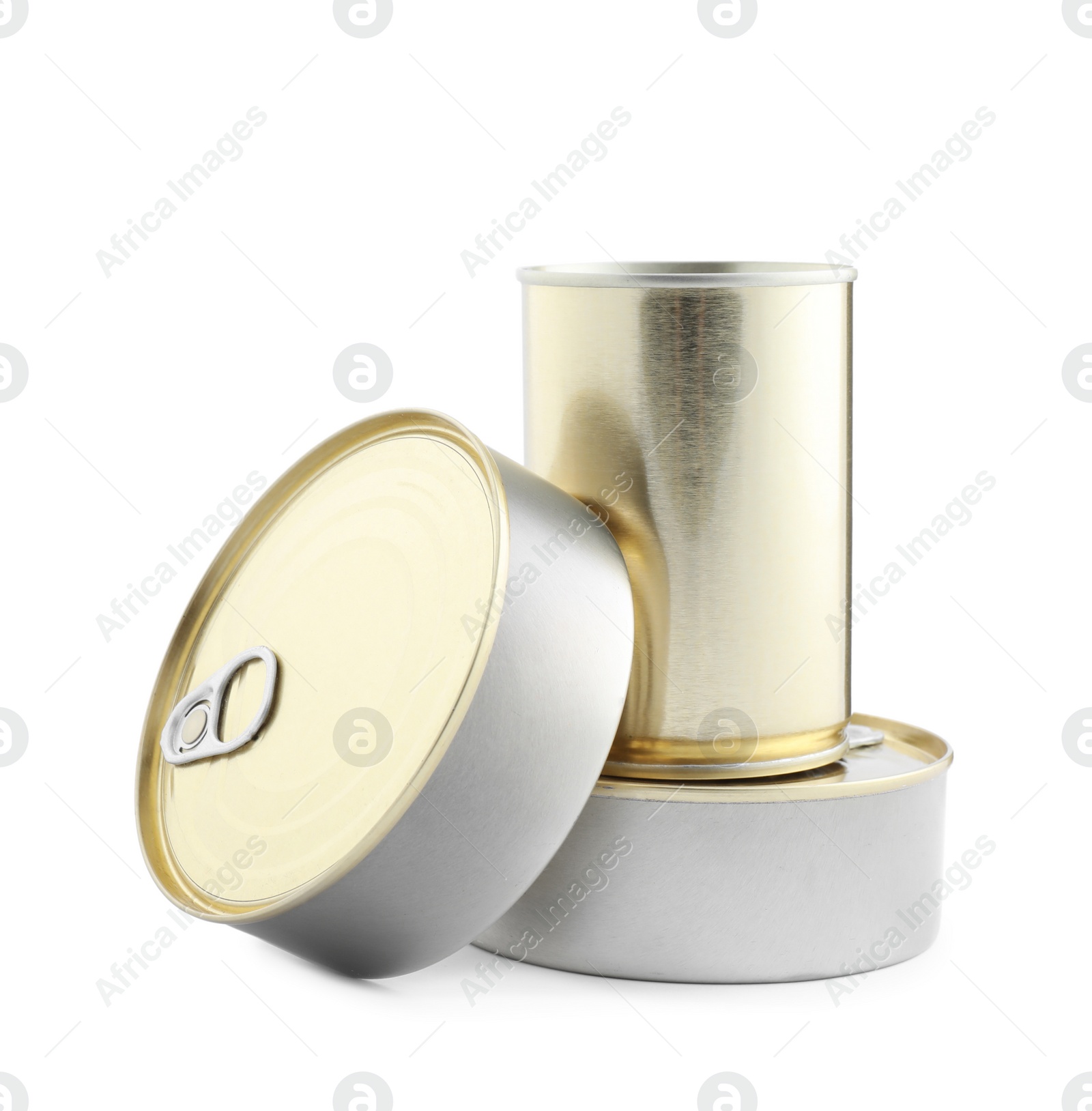 Photo of Different tin cans on white background. Mockup for design