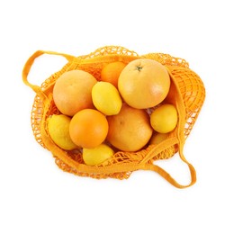 Photo of String bag with oranges and lemons isolated on white, top view