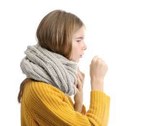 Photo of Teenage girl suffering from cough isolated on white