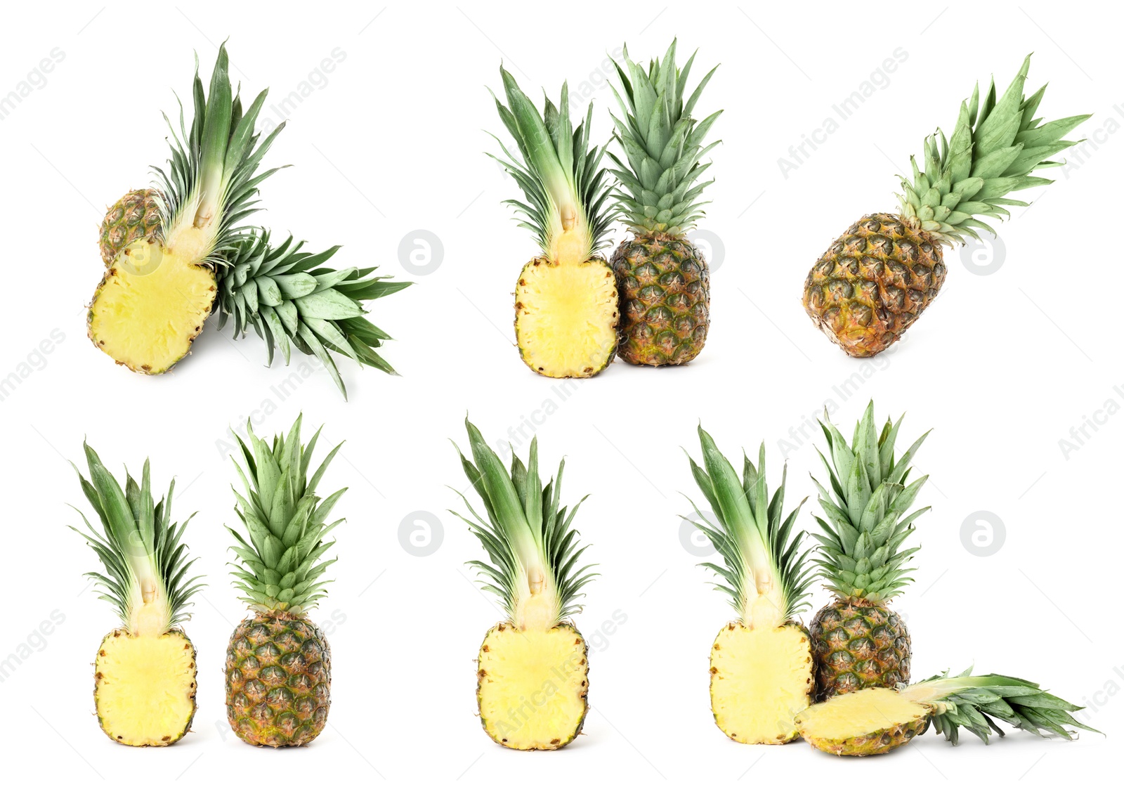 Image of Set with cut and whole pineapples isolated on white