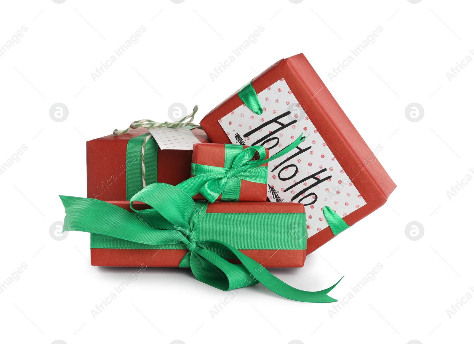 Photo of Different Christmas gift boxes on white background