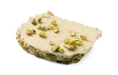 Photo of Piece of tasty halva with pistachios isolated on white