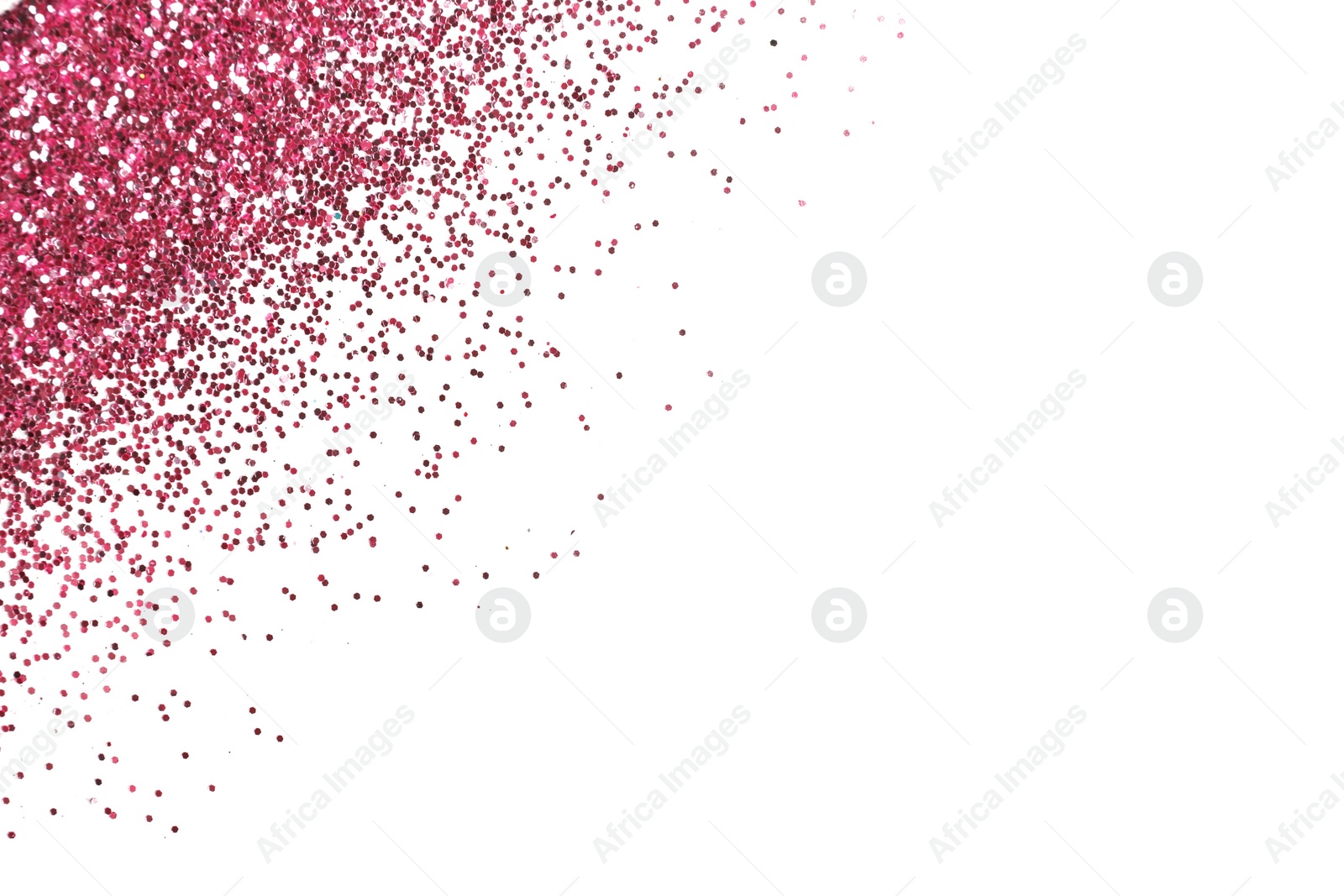 Photo of Pink glitter on white background, top view