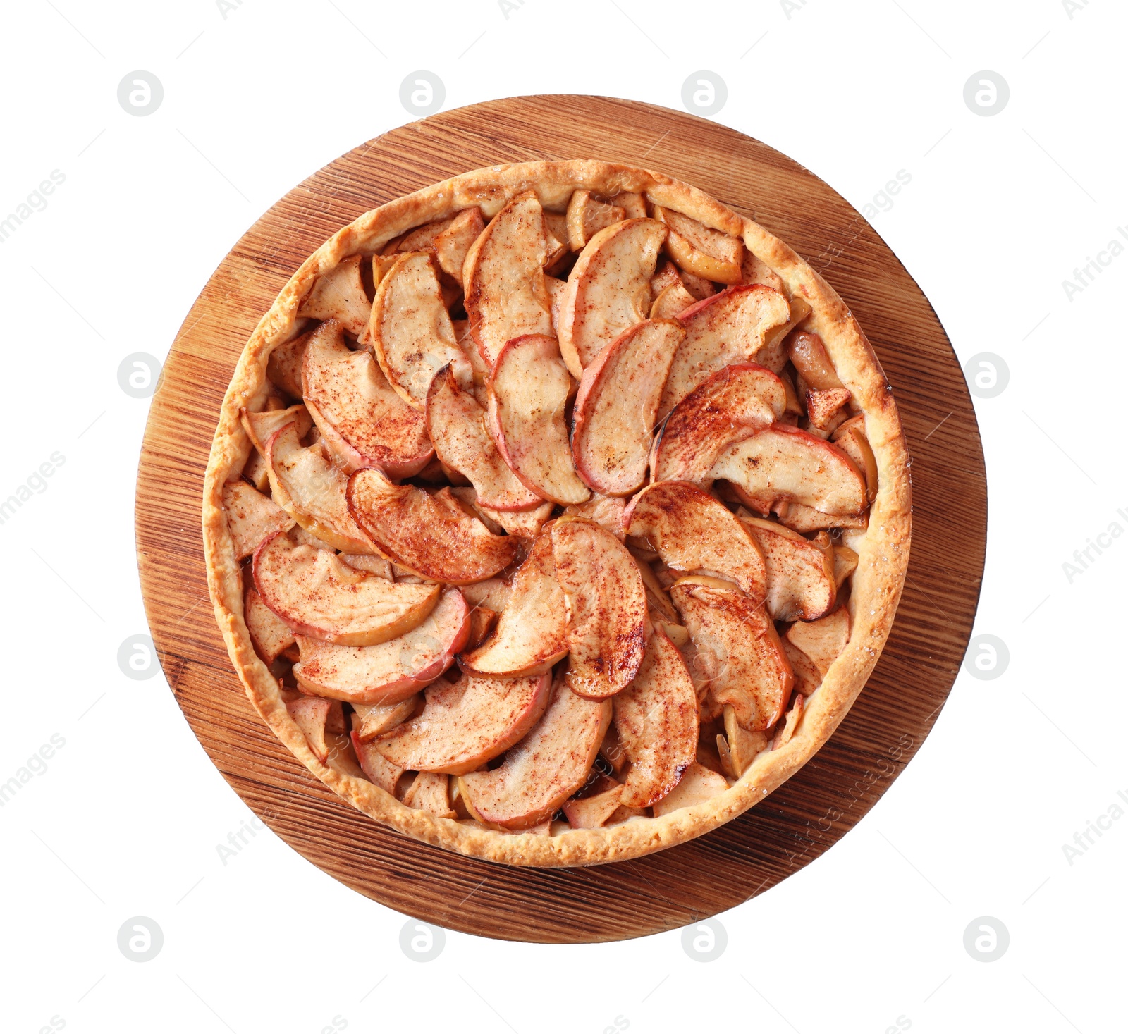 Photo of Delicious apple pie isolated on white, top view