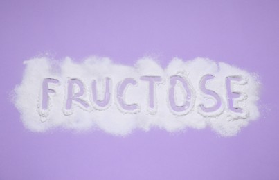 Photo of Word Fructose made of powder on violet background, flat lay