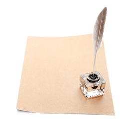 Photo of Feather pen with inkwell and blank paper on white background. Space for text