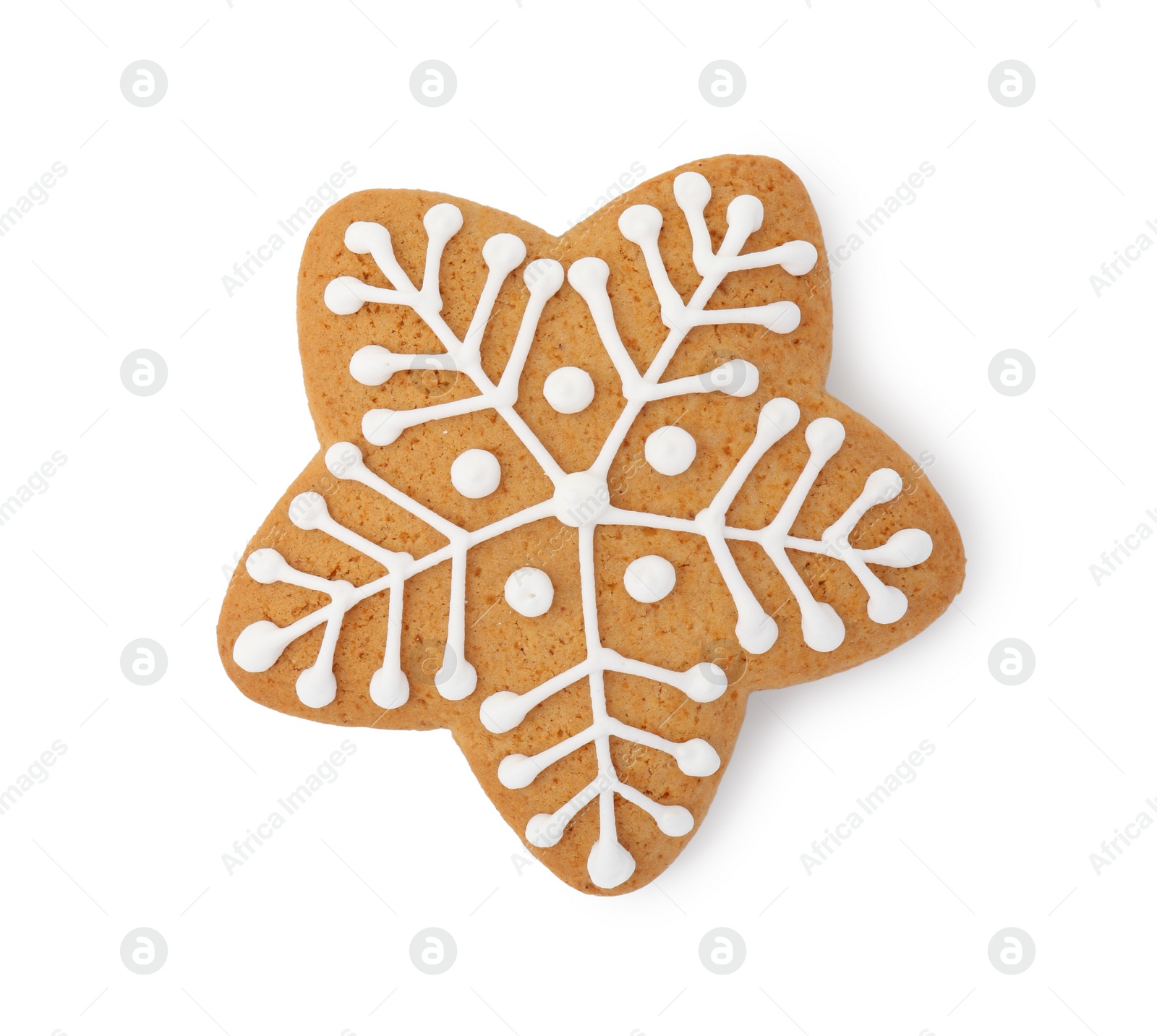 Photo of Tasty star shaped Christmas cookie with icing isolated on white, top view