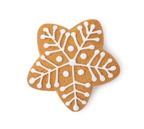 Photo of Tasty star shaped Christmas cookie with icing isolated on white, top view