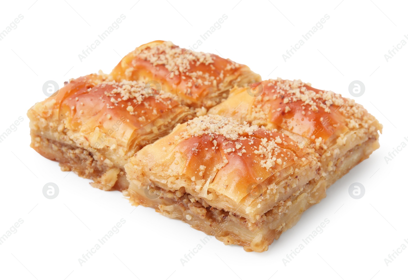 Photo of Eastern sweets. Pieces of tasty baklava isolated on white