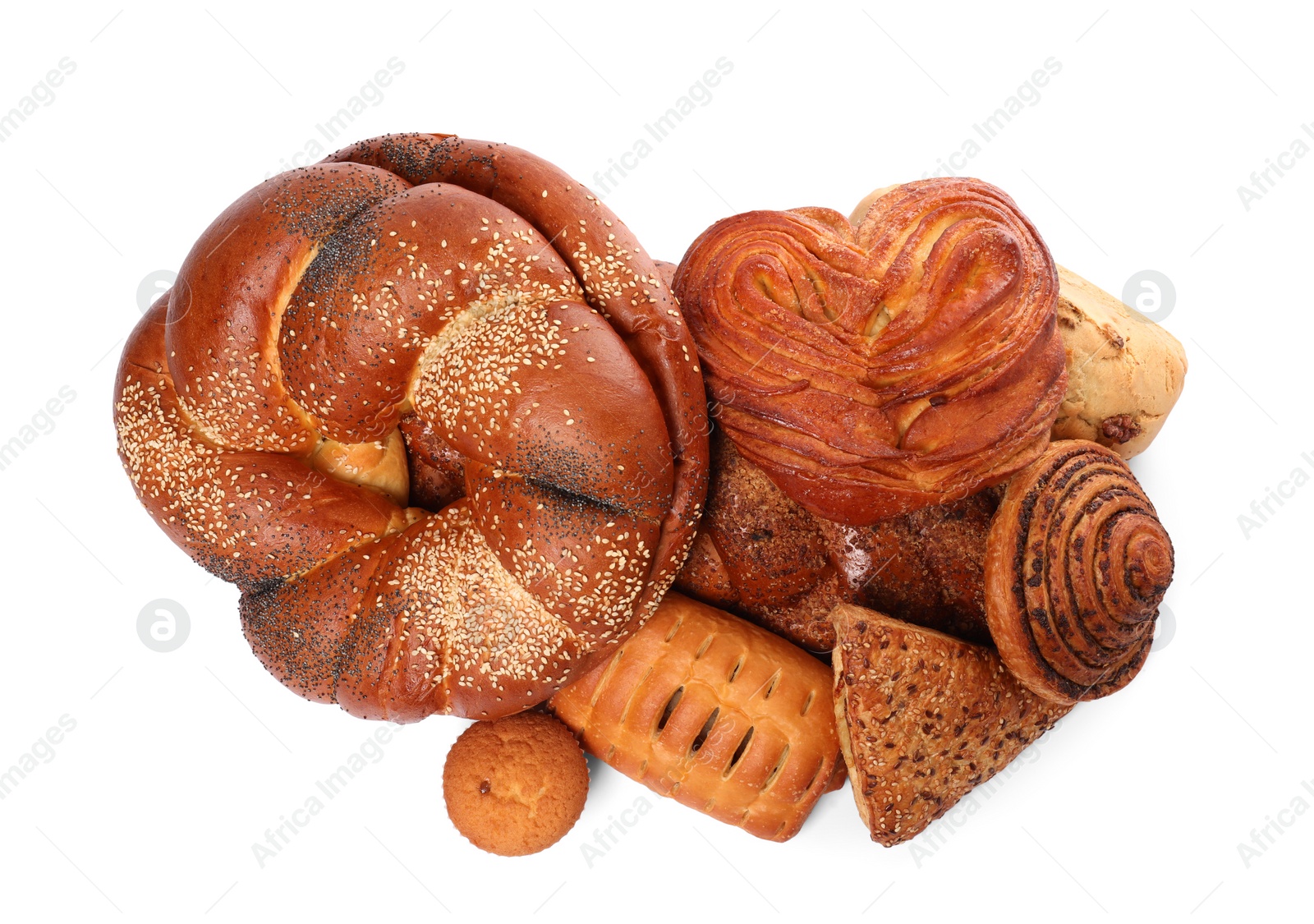 Photo of Many different tasty pastries isolated on white, top view