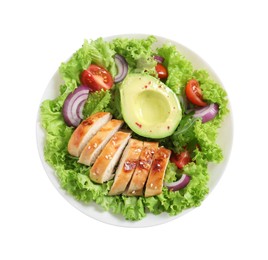 Photo of Delicious salad with chicken, avocado and vegetables in bowl isolated on white, top view