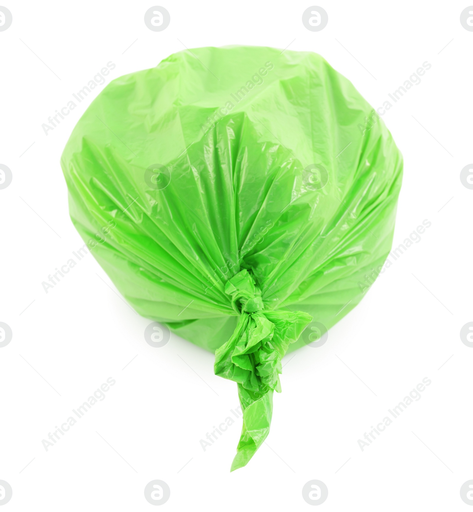 Photo of Green plastic garbage bag isolated on white, top view