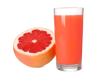 Photo of Tasty grapefruit juice in glass and fresh fruit isolated on white