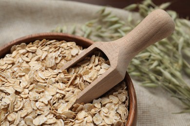 Photo of Bowl and scoop with oatmeal on table, closeup