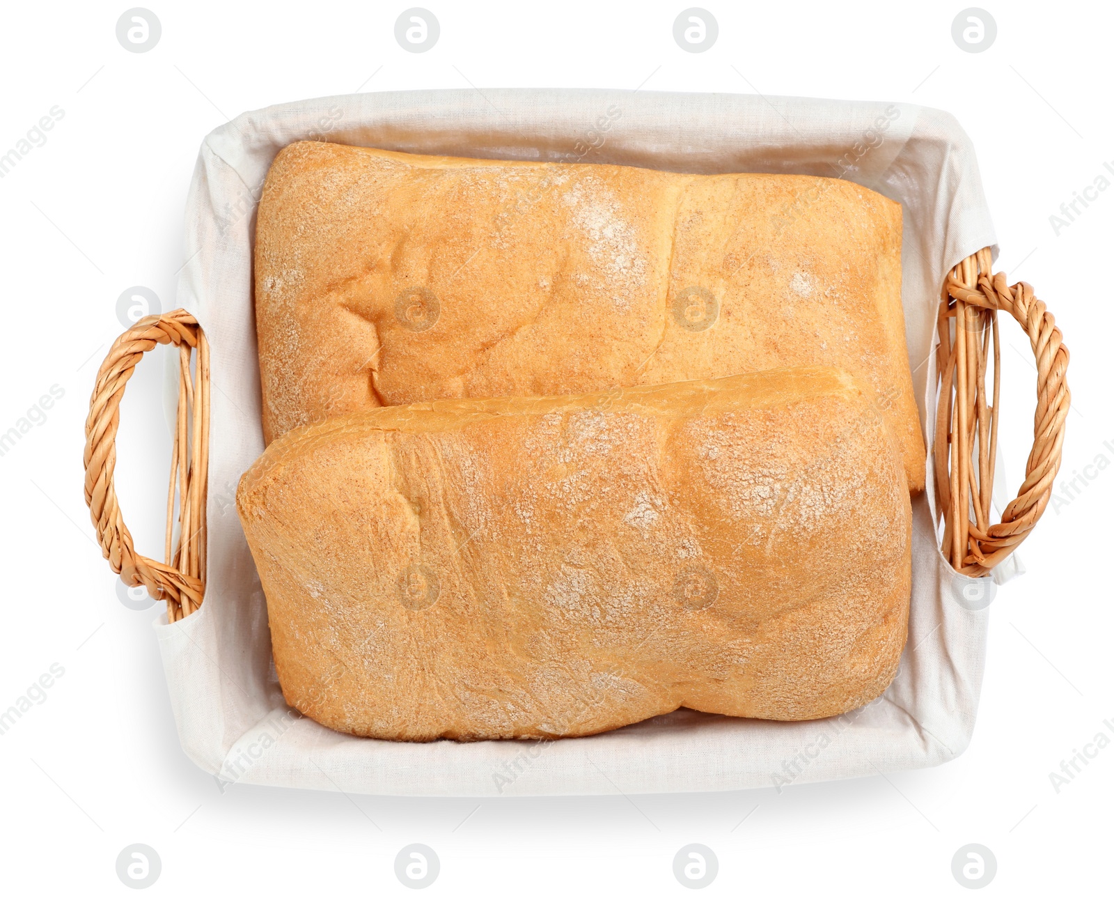 Photo of Crispy ciabatta in wicker basket isolated on white, top view. Fresh bread