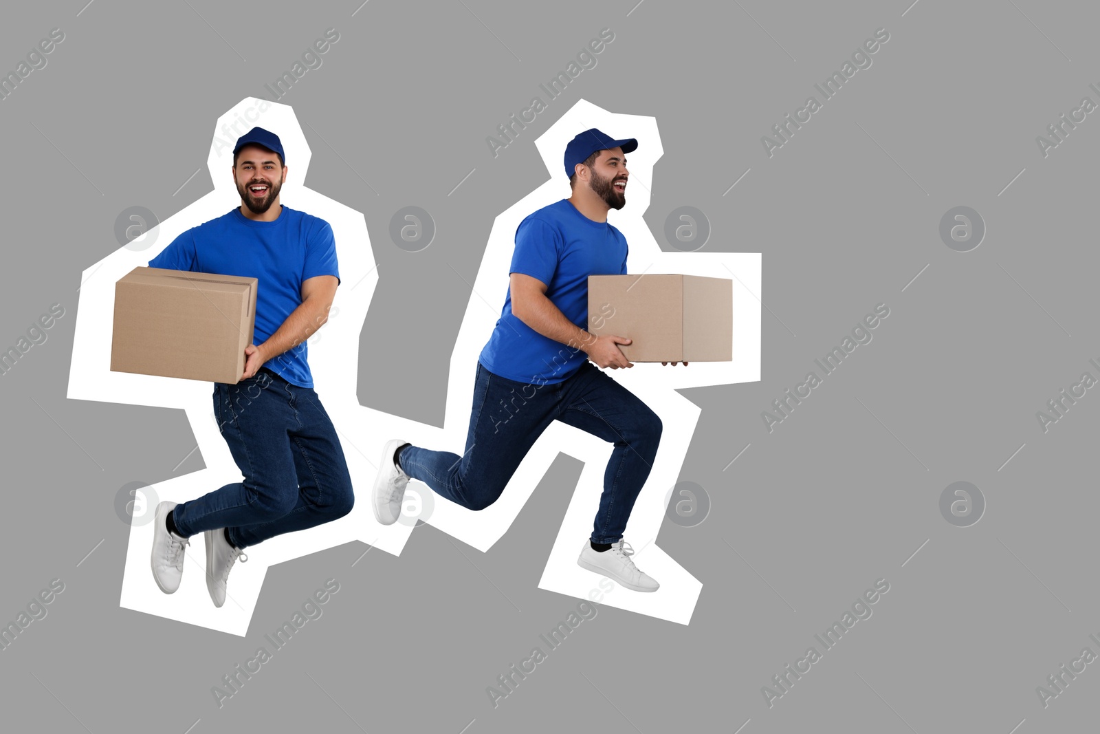 Image of Happy courier with parcels on grey background, creative collage