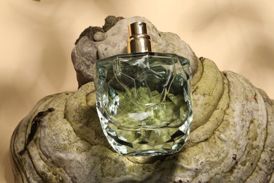 Photo of Luxury perfume in bottle and decorative element on beige background, above view